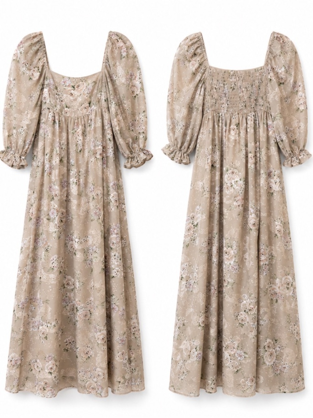 Worth Collective Mona Maxi Dress Beige Brown Floral Puff Sleeve